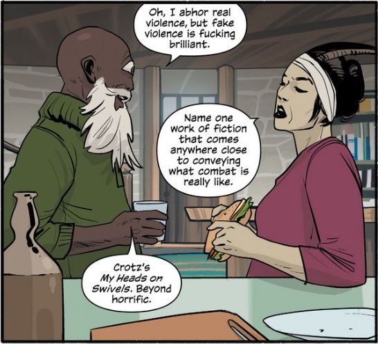 Fig. 11: In this panel from Brian K. Vaughan and Fiona Staples' comic book series Saga, two characters discuss the appeal of violence, both real and mediated.
